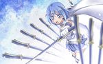  blue_eyes blue_hair cape elbow_gloves mahou_shoujo_madoka_magica miki_sayaka shinohara_shinome short_hair skirt sword weapon 