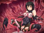  black_hair blush bodysuit breasts cum elbow_gloves erect_nipples long_hair midnight navel original pussy red_eyes see_through skintight spread_legs spread_pussy tentacles torn_clothes uncensored wink 