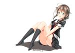  blue_eyes braids brown_hair kantai_collection kneehighs seifuku shigure_(kancolle) shinohara_shinome signed skirt white 