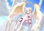  blush bodysuit clouds feathers gray_hair halo long_hair merc_storia millea orange_eyes sky tagme_(character) wings 