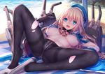 atago_(kancolle) blonde_hair blue_eyes breasts hat kantai_collection long_hair navel no_bra pantyhose spread_legs steelleets torn_clothes 