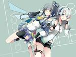  2girls blue_eyes choker gray_hair green_eyes long_hair luo_tianyi navel short_hair shorts skirt socks thighhighs twintails vocaloid vocaloid_china whiisky white_hair wristwear yan_he 