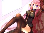  fumatake headphones long_hair megurine_luka pink_hair purple_eyes thighhighs vocaloid 