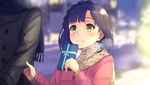  3: bangs blue_hair blue_scarf blurry blush bokeh bow box braid buttons closed_mouth coat depth_of_field envelope eyebrows eyebrows_visible_through_hair fringe_trim gift gift_box height_difference highres hinoshita_akame holding holding_gift idolmaster idolmaster_million_live! letter long_sleeves looking_at_another nanao_yuriko out_of_frame pulling ribbed_sweater ribbon scarf short_hair solo_focus sweater tree upper_body valentine winter winter_clothes yellow_eyes 
