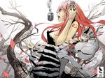  blue_eyes headphones jinbei megurine_luka microphone petals red_hair skull vocaloid 