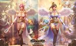  2girls animal bird book breasts brown_hair chain cleavage dress headdress logo original pink_hair ponytail ryushin shingeki_no_bahamut short_hair sword thighhighs weapon wings 