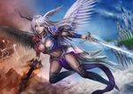  angel azul_(ze-l) bicolored_eyes blue_eyes breasts clouds demon horns long_hair navel original red_eyes sky sword thighhighs weapon white_hair wings 