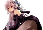  dress flankoi flowers gray_hair long_hair pantyhose red_eyes 