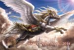  animal armor azul_(ze-l) clouds feathers horse original pegasus red_eyes sky unicorn 