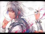  blood braids gray_hair headdress izayoi_sakuya jpeg_artifacts knife long_hair maid rby touhou weapon wristwear 