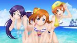  akiranyo beach bikini blue_eyes bow breasts cleavage green_eyes hat hoshizora_rin iida_eriko kousaka_honoka long_hair love_live!_school_idol_project orange_hair purple_hair short_hair swimsuit toujou_nozomi twintails water watermark wink yellow_eyes 