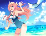  blue_eyes blush clouds long_hair megurine_luka pink_hair school_swimsuit swimsuit tears temari_(deae) vocaloid water 