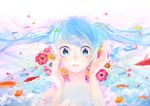  animal blue_eyes blue_hair butterfly fish flowers harunohotaru hatsune_miku petals signed tears twintails vocaloid 