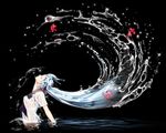  black_background blue_hair bon_nob bottle_miku closed_eyes fish hair_flip hair_ribbon hatsune_miku liquid_hair long_hair partially_submerged revision ribbon school_uniform see-through serafuku solo splashing very_long_hair vocaloid wading water wet 