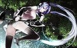  aaru blue_eyes blue_hair boots hatsune_miku headphones long_hair microphone skirt thighhighs tie tree twintails vocaloid 