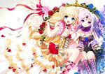  2girls blonde_hair blue_eyes choker corset dress flowers long_hair myoya original petals purple_eyes purple_hair ribbons rose signed wings 