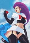  &lt;3 &lt;3_eyes blue_eyes blue_skin breasts camel_toe clothing crop_top female hair holding_object human human_focus jessie_(pokemon) mammal miniskirt navel nintendo panties pok&eacute;ball pok&eacute;mon pok&eacute;mon_(species) purple_hair shirt skirt tovio-rogers underwear upskirt video_games wobbuffet 