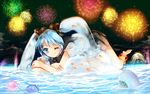  aaru animal barefoot blue_eyes blue_hair bottle_miku bow fan fireworks fish hatsune_miku long_hair skirt twintails vocaloid water wink 