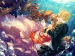  aeris_gainsborough blonde_hair brown_hair bubbles cat_princess cloud_strife dress final_fantasy final_fantasy_vii flowers gloves green_eyes long_hair male ponytail short_hair suit underwater water 