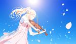  blonde_hair cherry_blossoms dress instrument miyazono_kawori petals ponytail sanaa shigatsu_wa_kimi_no_uso sky spring violin 