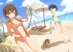  2girls barefoot beach bikini black_hair blue_eyes brown_eyes brown_hair clouds drink hiryuu_(kancolle) kantai_collection navel short_hair souryuu_(kancolle) suke_(momijigari) swimsuit tree umbrella water 