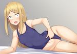  alfort_(may0508) arm_support ass_visible_through_thighs blonde_hair blush breasts dagashi_kashi earrings endou_saya fang hair_ornament hairclip jewelry long_hair looking_at_viewer lying on_side one-piece_swimsuit open_mouth school_swimsuit small_breasts solo swimsuit swimsuit_pull thigh_gap 