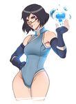  1girl avatar:_the_last_airbender bare_shoulders bayonetta bayonetta_(character) bayonetta_2 black_hair blue_eyes breasts cosplay elbow_gloves fingerless_gloves glasses gloves hand_on_hip heart highres korra korra_(cosplay) leotard lips looking_at_viewer mole mole_under_mouth open_mouth short_hair simple_background smile solo superboin the_legend_of_korra thighs water white_background wide_hips 