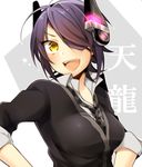  blush breasts checkered checkered_neckwear eyepatch headgear kantai_collection large_breasts looking_at_viewer necktie open_mouth purple_hair school_uniform short_hair solo susuki tenryuu_(kantai_collection) translated yellow_eyes 