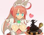  ahoge animal_ears aqua_eyes arc_system_works artist_request breasts bridal_veil bunny_ears cameo chocolate cleavage clover dress elphelt_valentine four-leaf_clover guilty_gear guilty_gear_xrd heart johnny_(guilty_gear) large_breasts licking_lips pink_hair ribbon shiny shiny_skin short_hair solo spikes tongue_out valentine veil 