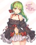  :d bare_shoulders black_dress bow choker collarbone commentary_request dress earrings followers green_hair hair_ribbon hairband jewelry long_hair long_sleeves looking_at_viewer momoko_(momopoco) navel open_mouth original red_bow red_ribbon ribbon smile solo yellow_eyes yukari_(momoko) 