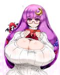  bespectacled breasts cleavage crescent crescent_hair_ornament flying_sweatdrops gigantic_breasts glasses hair_ornament hairclip head_wings highres koakuma looking_at_viewer meme_attire multiple_girls open-chest_sweater patchouli_knowledge pointy_ears purple_eyes purple_hair ribbed_sweater sentarou sweater touhou turtleneck valentine wide_hips 