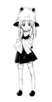  crossed_arms full_body greyscale grin hat looking_at_viewer monochrome moriya_suwako sawayaka_samehada shoes sidelocks simple_background skirt smile solo standing thighhighs touhou white_background wide_sleeves 