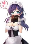  alternate_costume aqua_eyes blush box breasts chocolate chocolate_heart cleavage covering_mouth enmaided heart heart-shaped_box large_breasts long_hair love_live! love_live!_school_idol_project maid maid_headdress md5_mismatch motokonut purple_hair ribbon-trimmed_clothes ribbon_trim simple_background solo speech_bubble spoken_heart toujou_nozomi valentine white_background wrist_cuffs 