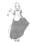 apron bangs blush branch_(blackrabbits) cake clueless clumsy commentary_request dress flying_sweatdrops food full_body graphite_(medium) greyscale highres kantai_collection long_hair monochrome plate samidare_(kantai_collection) skirt_hold solo swept_bangs traditional_media very_long_hair 
