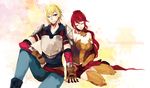  1girl blonde_hair blue_eyes commentary_request couple elbow_gloves english forehead_protector gloves hetero holding_hands hsiang_ning jaune_arc long_hair ponytail pyrrha_nikos red_hair rwby short_hair smile spoilers 