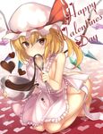  apron ass blonde_hair bowl chocolate chocolate_heart chocolate_making flandre_scarlet happy_valentine hat hat_ribbon heart highres janne_cherry kneeling looking_at_viewer mob_cap naked_apron red_eyes ribbon side_ponytail solo spilling touhou valentine whisk wings 