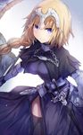  armor armored_dress belt black_legwear blonde_hair blue_eyes blurry braid breastplate breasts capelet chain closed_mouth cowboy_shot depth_of_field fate/apocrypha fate_(series) faulds gauntlets headpiece highres holding holding_weapon jeanne_d'arc_(fate) jeanne_d'arc_(fate)_(all) large_breasts long_hair looking_at_viewer single_braid solo sword tare_(tonikaku_magaru) thighhighs weapon 