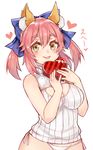  absurdres alternate_costume animal_ear_fluff animal_ears blush bow box breasts cleavage cleavage_cutout fate/extra fate_(series) fox_ears fox_tail hair_bow hair_ornament hair_ribbon heart heart-shaped_box highres large_breasts long_hair looking_at_viewer meme_attire open-chest_sweater osiimi panties pink_hair ribbed_sweater ribbon side-tie_panties simple_background smile solo sweater tail tamamo_(fate)_(all) tamamo_no_mae_(fate) tongue tongue_out translated underwear valentine white_background yellow_eyes 