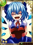  1girl ^_^ blue_dress blue_hair blush bow breasts cirno closed_eyes commentary_request dress hair_bow heart ice ice_wings open_mouth short_hair small_breasts solo touhou valentine wings yagami_(mukage) 