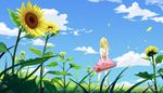  artist_name blonde_hair bug cloud day flower from_behind insect ladybug long_hair miyazono_kawori petals ponytail sanaa scenery shigatsu_wa_kimi_no_uso solo summer sunflower violin_case 
