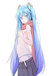  blue_eyes blue_hair blush covering covering_breasts from_side hatsune_miku headphones highres kazenoko long_hair scarf skirt solo striped striped_legwear topless twintails very_long_hair vocaloid white_background 