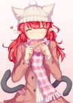  alternate_costume alternate_hairstyle animal_ears beanie blush box cat_ears closed_eyes coat extra_ears gift gift_box hair_down hat hat_with_ears heart heart-shaped_box highres incoming_gift kaenbyou_rin long_hair long_sleeves multiple_tails open_clothes open_coat psychopath_idiot red_hair scarf smile solo tail touhou two_tails valentine 