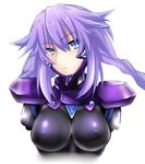  :| adapted_costume armor bangs blue_eyes bodysuit braid breasts cleavage closed_mouth covered_nipples cropped_arms flipped_hair gorget hair_between_eyes highres impossible_bodysuit impossible_clothes large_breasts long_hair looking_at_viewer muvluv neptune_(series) parody pauldrons pilot_suit power_symbol purple_hair purple_heart shishin_(shishintei) sidelocks simple_background skin_tight solo symbol-shaped_pupils turtleneck twin_braids upper_body very_long_hair white_background 