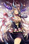  blonde_hair breasts claws cleavage dress foreshortening grin heterochromia highres horns long_hair medium_breasts pikomarie purple_eyes puzzle_&amp;_dragons smile solo sonia_gran_reverse standing very_long_hair yellow_eyes 