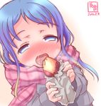  alternate_costume bangs blue_eyes blue_hair blush coat dated eating food foodgasm full-face_blush gradient_hair highres holding holding_food kanon_(kurogane_knights) kantai_collection long_hair long_sleeves multicolored_hair nose_blush open_mouth pink_scarf plaid plaid_scarf saliva samidare_(kantai_collection) scarf signature solo steam sweet_potato swept_bangs torogao upper_body very_long_hair white_background yakiimo 