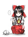  1girl :&lt; almond_eyes bare_shoulders black_eyes black_hair bow cat commentary_request detached_sleeves dress hair_bow hair_tubes hakurei_reimu hip_vent kuranosuke long_sleeves red_dress solo squatting touhou wide_sleeves 