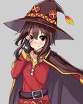  &gt;:) belt black_hair buckle cape collar dress fingerless_gloves gloves hand_over_eye hat koenza_botoke kono_subarashii_sekai_ni_shukufuku_wo! looking_at_viewer megumin peeking_through_fingers red_eyes short_hair smile solo v-shaped_eyebrows witch_hat 