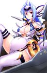  android bare_shoulders blue_hair breasts charvel_tiger cleavage collarbone commentary_request expressionless headgear highres knee_up kos-mos large_breasts long_hair looking_at_viewer pregnant red_eyes sitting solo thighhighs white_legwear xenosaga 