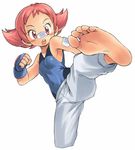  bandages bandaid bandaid_on_arm bandaid_on_nose bare_shoulders barefoot blush cropped_legs feet fingerless_gloves foreshortening gloves kicking leg_up martial_arts open_mouth oyatsu_(mk2) pink_eyes pink_hair pokemon pokemon_(game) pokemon_dppt pov_feet short_hair simple_background soles solo sumomo_(pokemon) toes white_background 