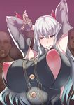  2boys areolae armpits arms_up bad_id bad_twitter_id blush breasts bursting_breasts covered_nipples detached_sleeves gigantic_breasts heart_pasties highres long_hair multiple_boys nuezou pasties red_eyes selvaria_bles senjou_no_valkyria silver_hair sweat torn_clothes 
